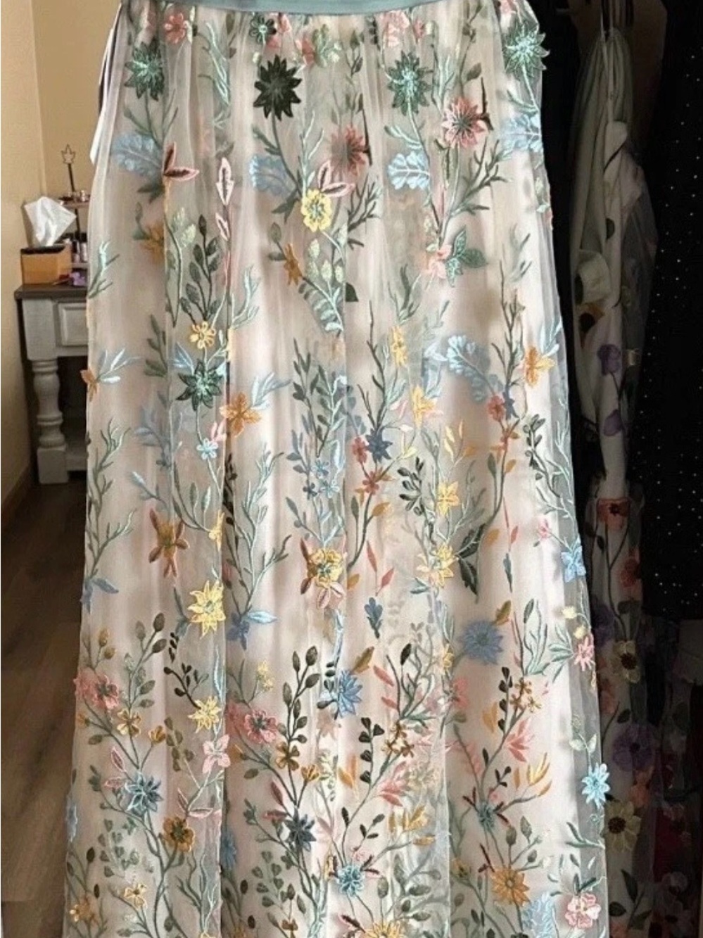 Azazie Champagne Floral Maxi Dress with Green Sash - Picture 6 of 10